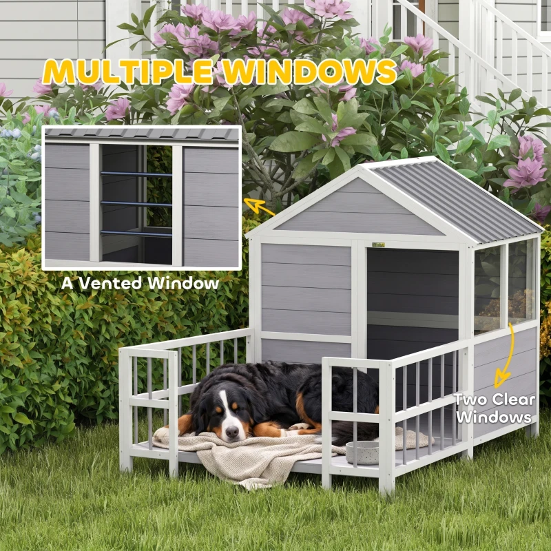 PawHut Outdoor Dog House, 61"L Wooden Dog House with Porch, Weatherproof Roof, Elevated Base, Air Vents & Observation Windows