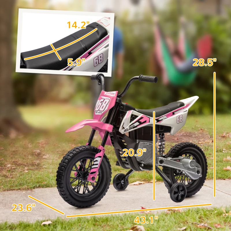 Qaba 12V Kids Electric Motorcycle w/ Twist Grip Throttle, Training Wheels, Rear Suspension & Music, Pink