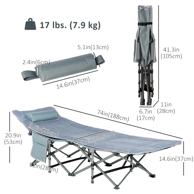 Outsunny Folding Camping Cot with Mat & Pillow, Double Layer Oxford Heavy Duty Sleeping Cot with Carry Bag Dark Grey