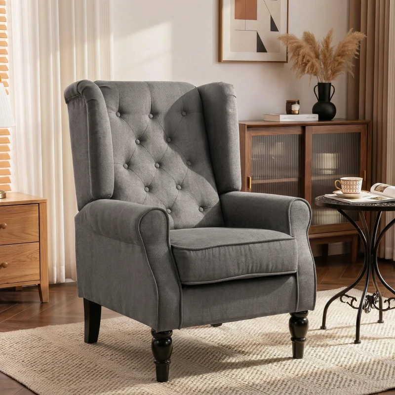 HOMCOM Wingback Accent Chair for Living Room, Button-Tufted Lounge Chair with Round Armrests and Wood Legs, Dark Gray