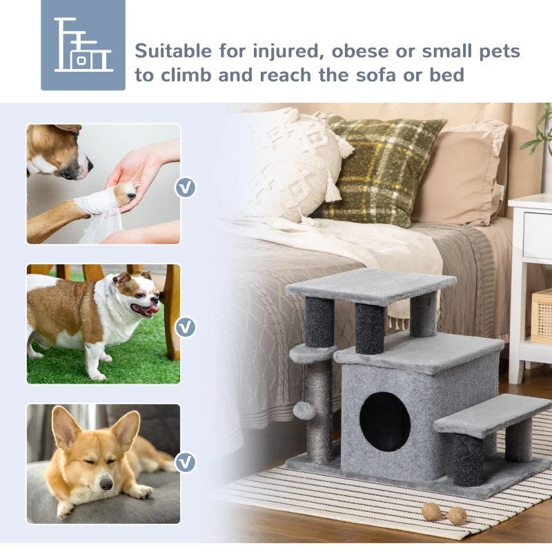 PawHut Adjustable Height 3 Step/4 Step Cat Stairs w/ Sisal Cat Scratching Post, Cat Condo, Toy Ball, for Bed, Sofa, Couch, Gray