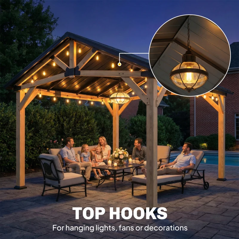 Outsunny 13' x 11' Hardtop Gazebo Canopy with Galvanised Metal Roof, Fir Wood Frame and Central Hook for Patio, Black Gray