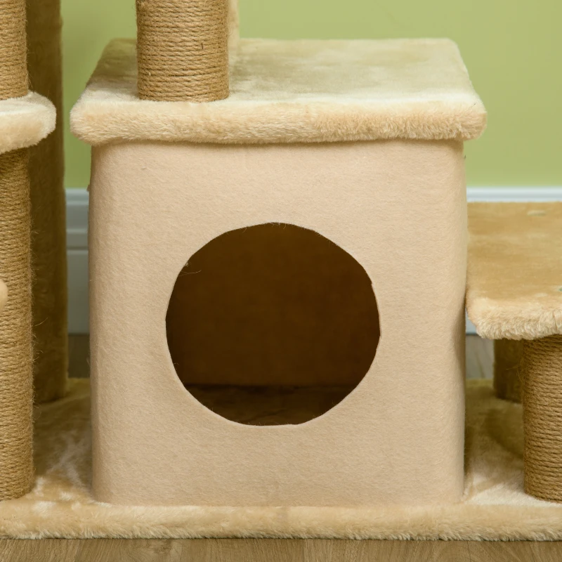 PawHut Adjustable Height 3 Step/4 Step Cat Stairs w/ Jute Cat Scratching Post, Cat Condo, Toy Ball, for Bed, Sofa, Couch, Beige