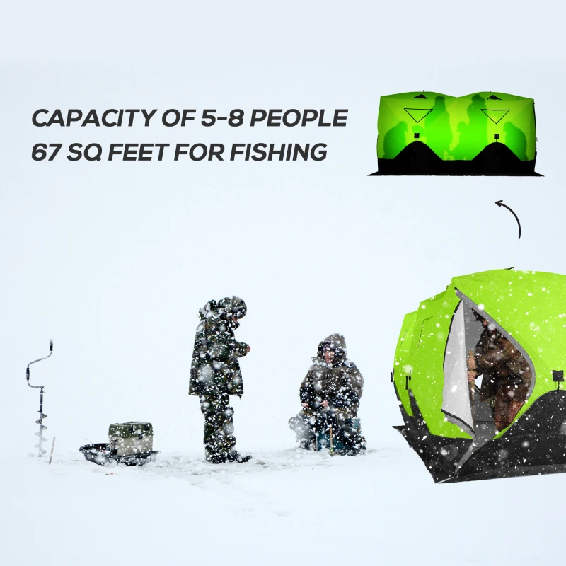 Outsunny 8 Person Ice Fishing Shelter, Pop-Up Ice Shanty Tent, Insulated Portable Tent with 2 Doors & Carrying Bag, Bright Green