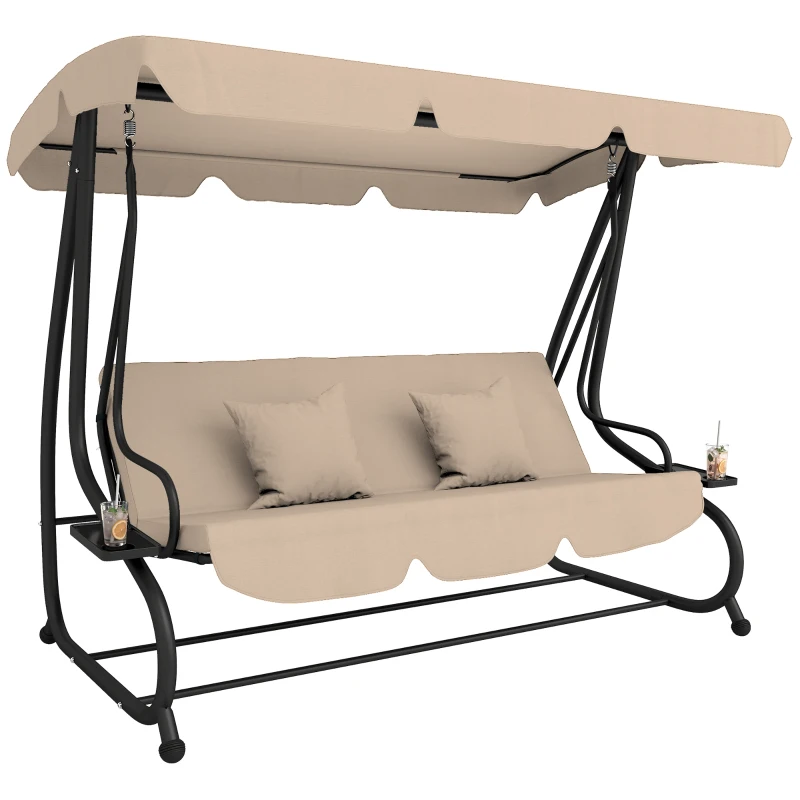 Outsunny 3-Seat Outdoor Patio Swing Chair, 2-in-1 Convertible Flat Bed, Canopy Swing with Adjustable Shade, Removable Cushions, Cup Holder, Light Brown