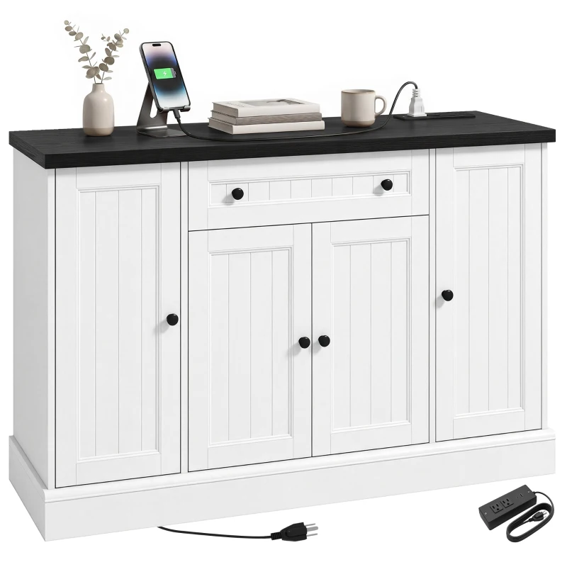 HOMCOM 47" Farmhouse Sideboard Buffet Cabinet with Charging Station, Coffee Bar Cabinet with 3 Adjustable Shelves, White