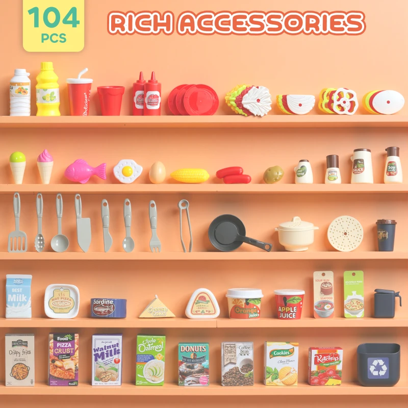 Qaba Pretend Play Kitchen Set with Realistic Lights & Sounds, 104PCS Toy Kitchen Accessories for Boys and Girls, Pink