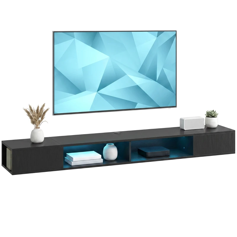 HOMCOM TV Stand with RGB LED Lights, Entertainment Center with Open Shelves for 75 Inch TV, Black Wood Grain