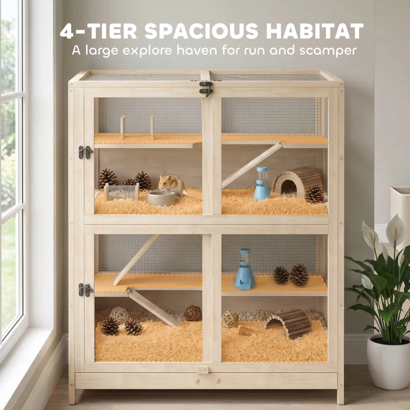 PawHut Wooden Hamster Cage, 4 Tier Small Animal Cage with Mesh Flip Roof, Pull-Out Tray, Huts, Seesaws, Ramps and Water Bottles