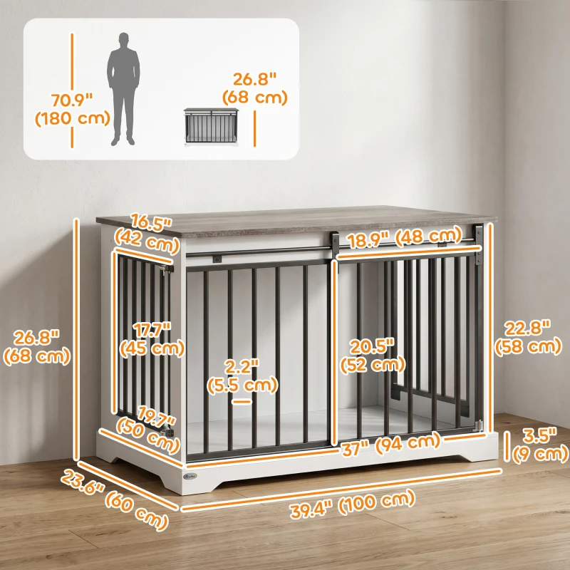 PawHut 100 cm Dog Crate Furniture with Sliding Barn Door for Large Breeds, White