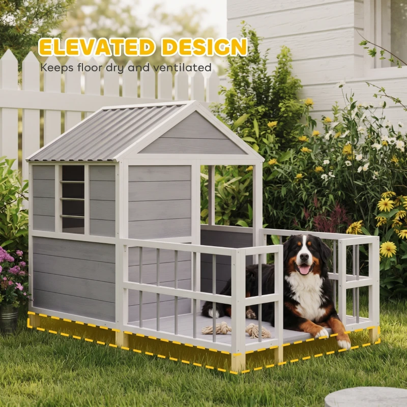 PawHut Outdoor Dog House, 61"L Wooden Dog House with Porch, Weatherproof Roof, Elevated Base, Air Vents & Observation Windows