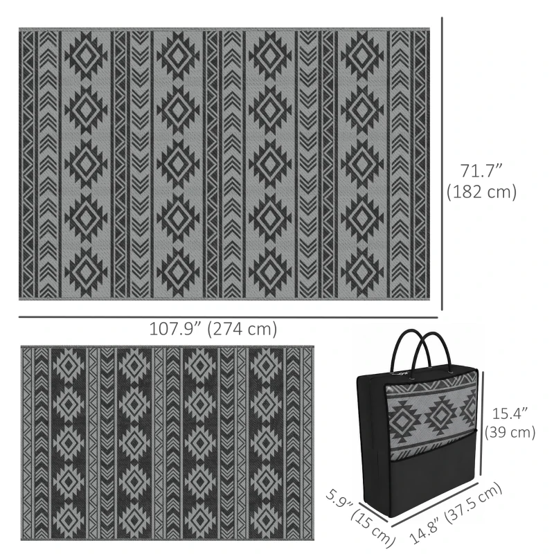 Outsunny Reversible Outdoor RV Rug, Patio Floor Mat, 6' x 9' Plastic Straw Rug for Backyard, Deck, Beach, Camping, Black & Grey