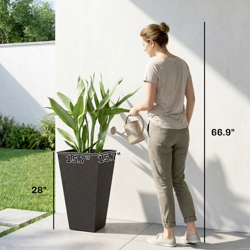 Outsunny 28" Tall Planters, Set of 3 Plastic Flower Pots with Marble Finish and Drainage Holes, Stackable Taper Planters, Brown