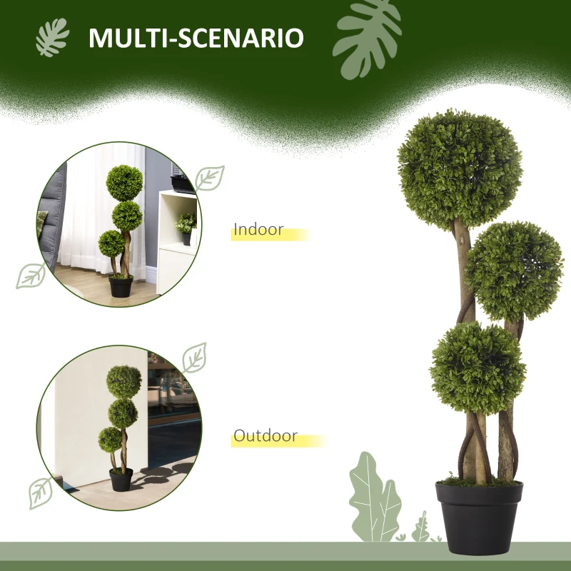 HOMCOM 35 Inch Potted Fake Plant, Artificial Boxwood Topiary Tree, Triple Ball Tree for Indoor and Outdoor, Green