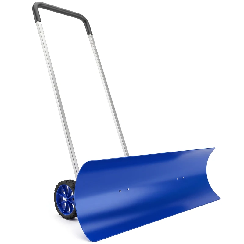 Outsunny 37-Inch Extra Wide Snow Shovel with Wheels, Heavy Duty Aluminum Snow Pusher with Ergonomic Adjustable Handle, Blue