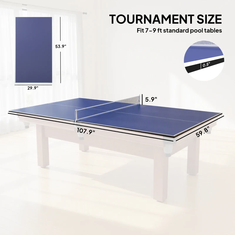 Soozier 9 ft Folding Ping Pong Table Top for Billiard Tables, Table Tennis Conversion Top with Net, Foam Padding, Blue