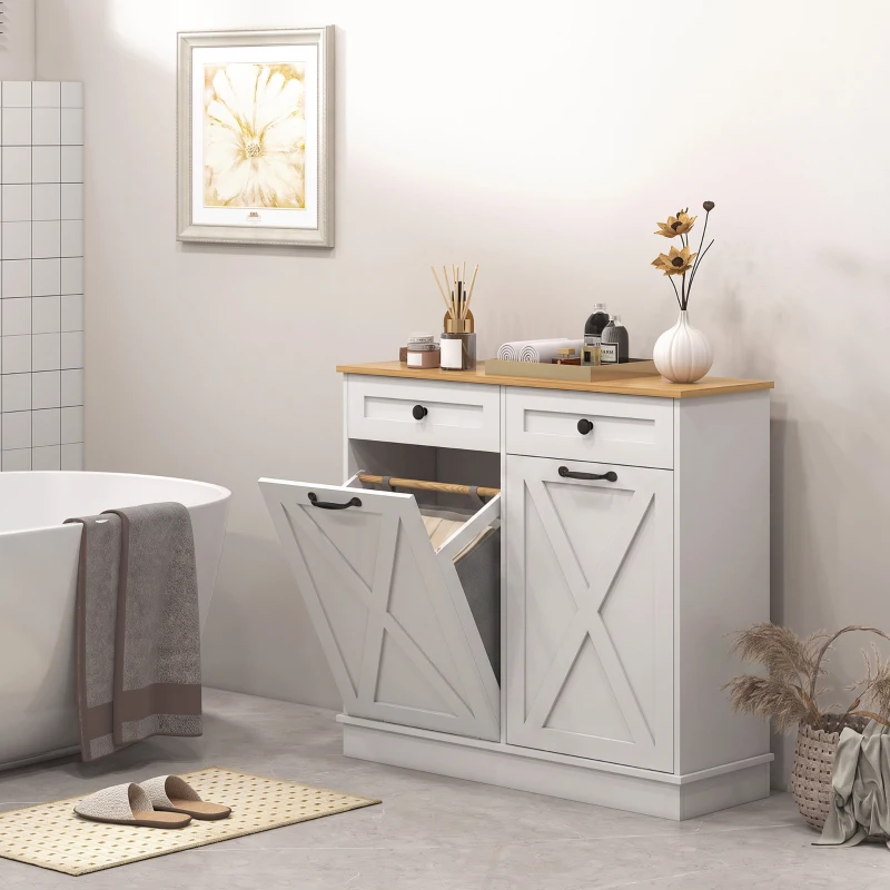 HOMCOM Tilt Out Laundry Cabinet, Bathroom Storage Cabinet with 2 Removable Baskets and 2 Drawers, White