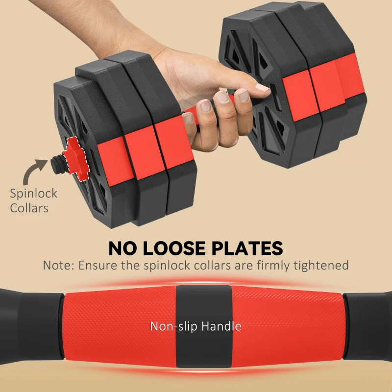 Soozier 6-in-1 Adjustable Dumbbell Set, Used as Kettlebell, Barbell, Dumbbell, Push-Up Stand, 55lbs Free Weights Set, Red