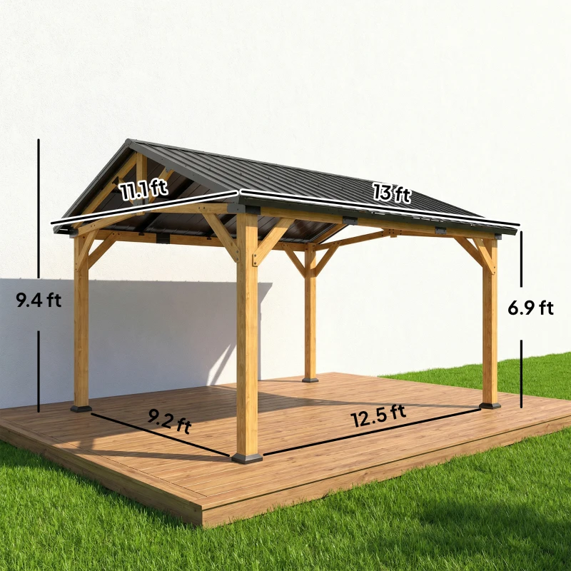 Outsunny 13' x 11' Hardtop Gazebo Canopy with Galvanised Metal Roof, Fir Wood Frame and Central Hook for Patio, Black Gray