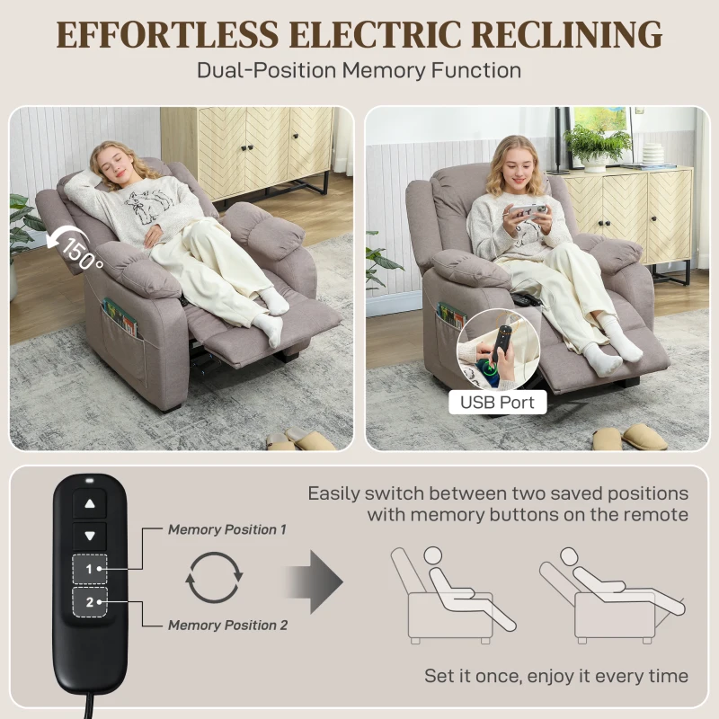 HOMCOM Massage Recliner Chair with Quiet Brushless Motor Pet-Friendly Fabric Power Recliner with 2 Memory Positions Brown