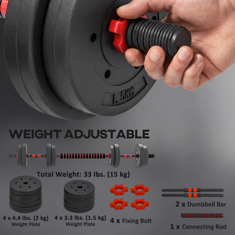 Soozier 33lbs 2-in-1 Adjustable Dumbbells Weight Set, Dumbbell Hand Weights Barbell for Body Fitness, Lifting Training for Home, Office, Gym, Black and Red