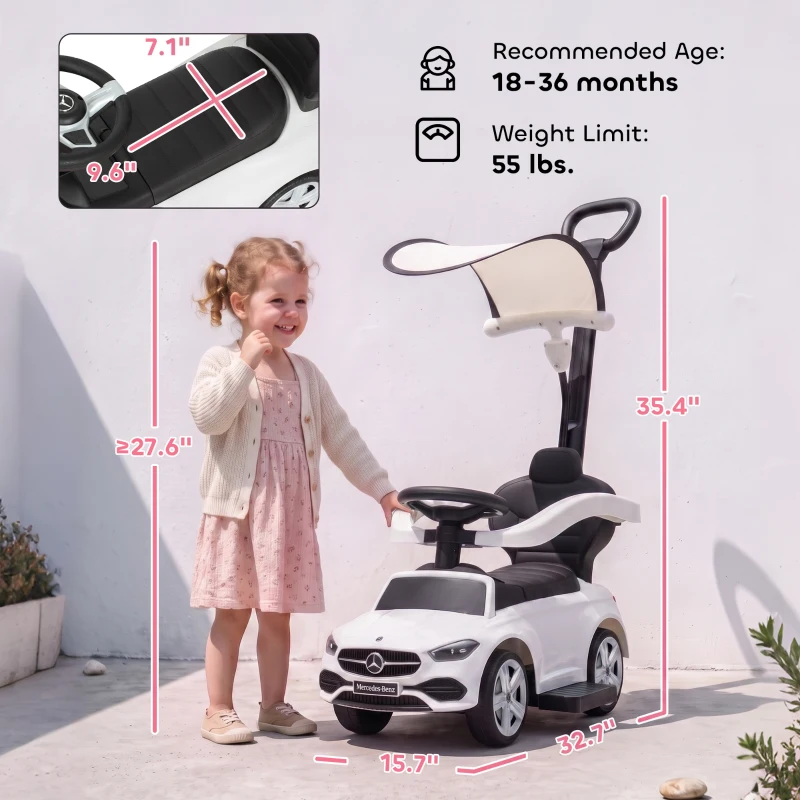 Qaba 3 in 1 Toddler Push Car Licensed Benz with Push Handle, Guardrails, Canopy, Horn, Music, Storage for 18-36 Months, White