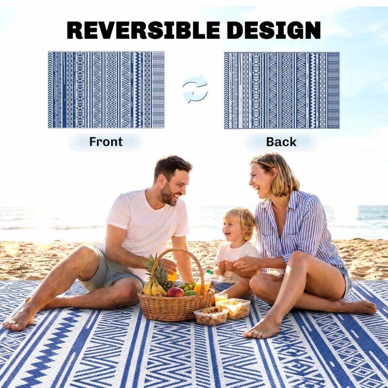 Outsunny Reversible Outdoor Rug, Patio Floor Mat, 6'x9' Plastic Straw Rug for Backyard Deck, Beach, Camping, Dark Blue and White