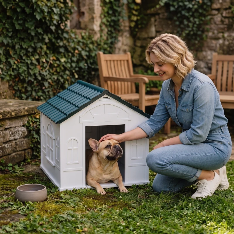 PawHut Plastic Dog House for Medium and Small Dogs, Water Resistant Puppy Shelter Indoor Outdoor with Door, Easy to Assemble, Blue