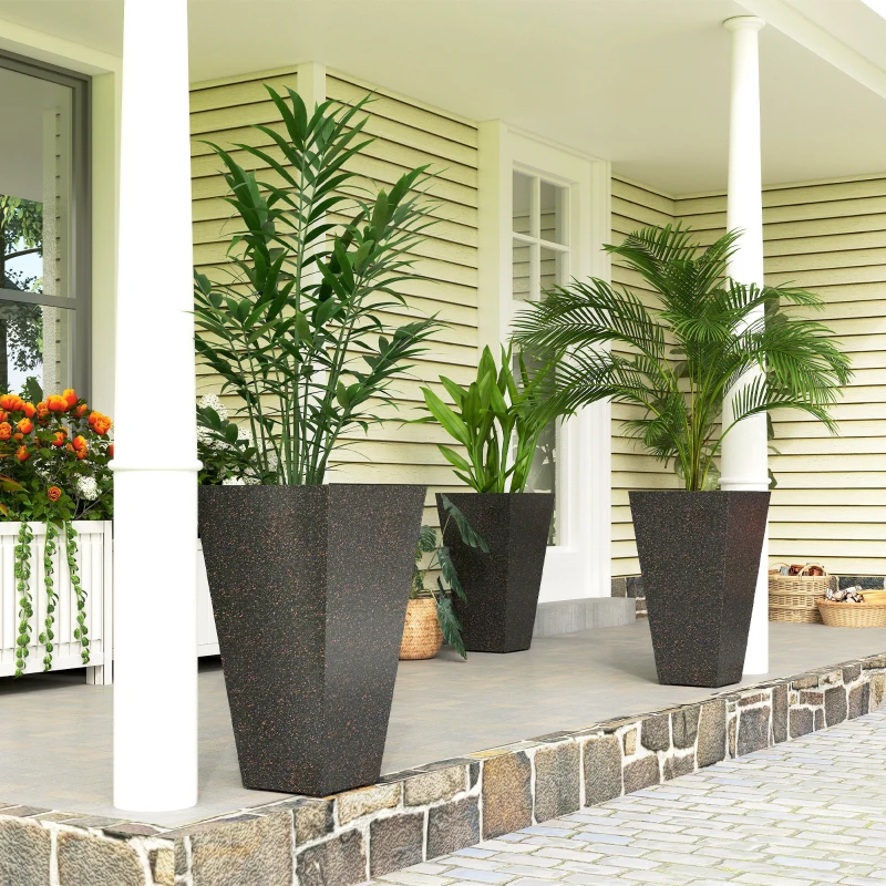 Outsunny 28" Tall Planters, Set of 3 Plastic Flower Pots with Marble Finish and Drainage Holes, Stackable Taper Planters, Brown
