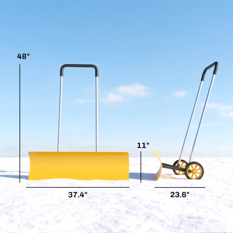 Outsunny 37-Inch Extra Wide Snow Shovel with Wheels, Heavy Duty Aluminum Snow Pusher with Ergonomic Adjustable Handle, Yellow