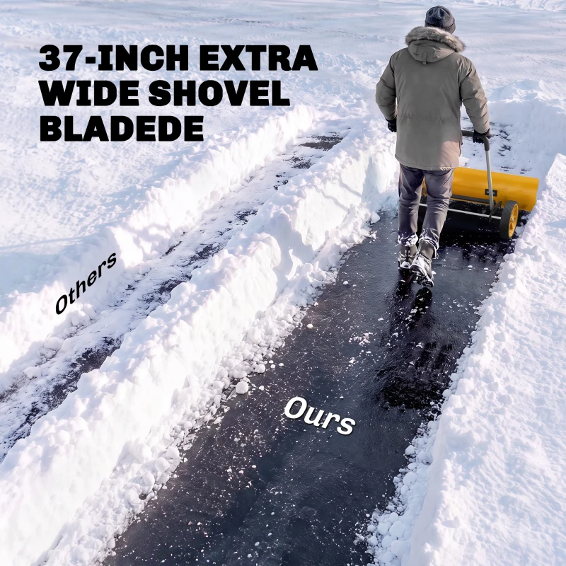 Outsunny 37-Inch Extra Wide Snow Shovel with Wheels, Heavy Duty Aluminum Snow Pusher with Ergonomic Adjustable Handle, Yellow