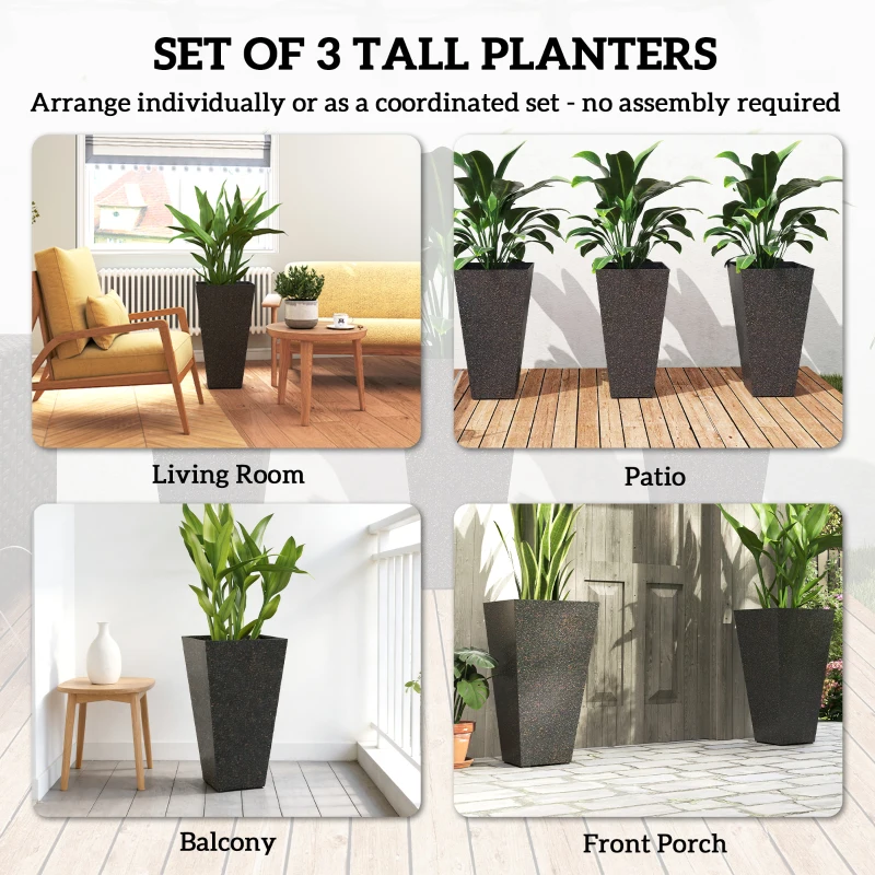Outsunny 28" Tall Planters, Set of 3 Plastic Flower Pots with Marble Finish and Drainage Holes, Stackable Taper Planters, Brown