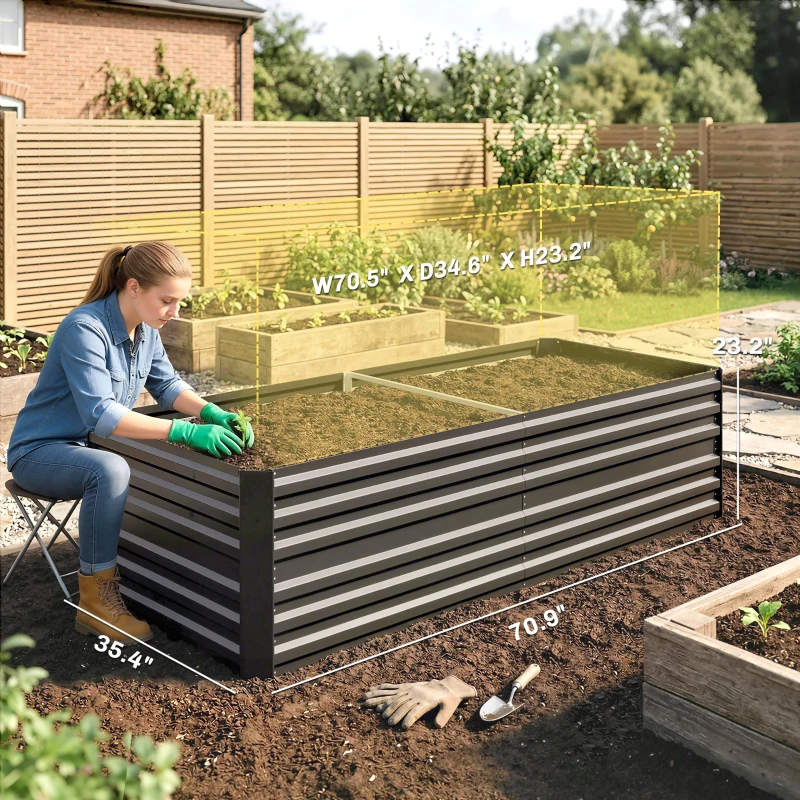 Outsunny Galvanized Raised Garden Bed, Steel Outdoor Planters with Reinforced Rods, 71" x 36" x 23", Dark Gray