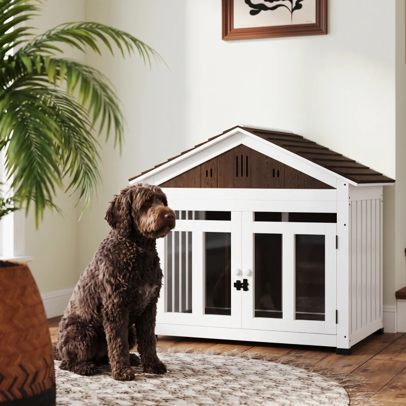 PawHut 40"L Wooden Dog House Outdoor Indoor for Small, Medium, Large Dogs, with Air Vents & Elevated Removable Floor