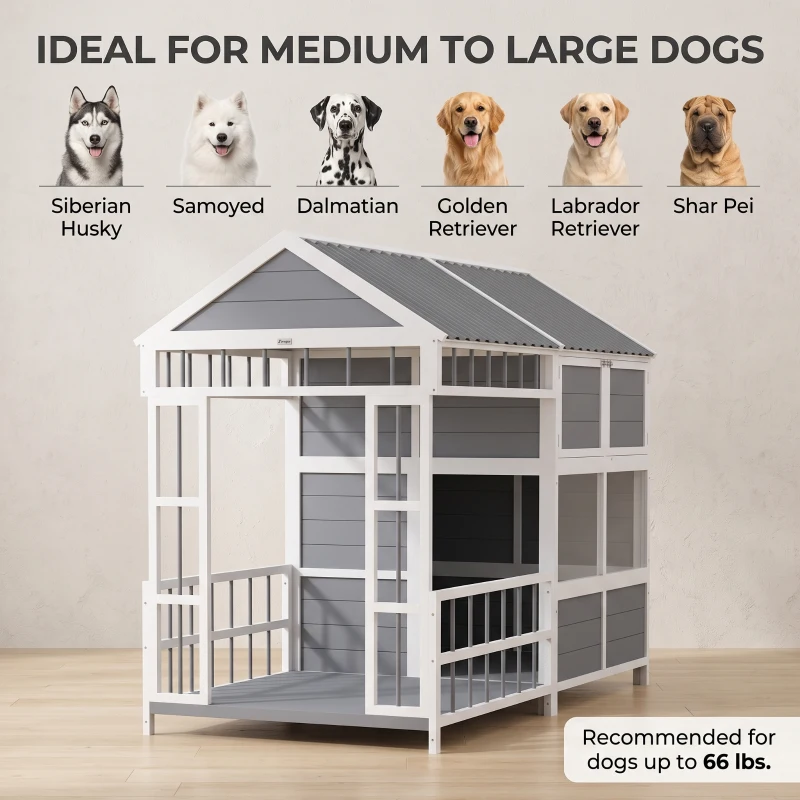 PawHut 79"L Large Dog House Outdoor, Wooden Dog Kennel with Porch, Storage Cabinet,Weatherproof Roof, Windows