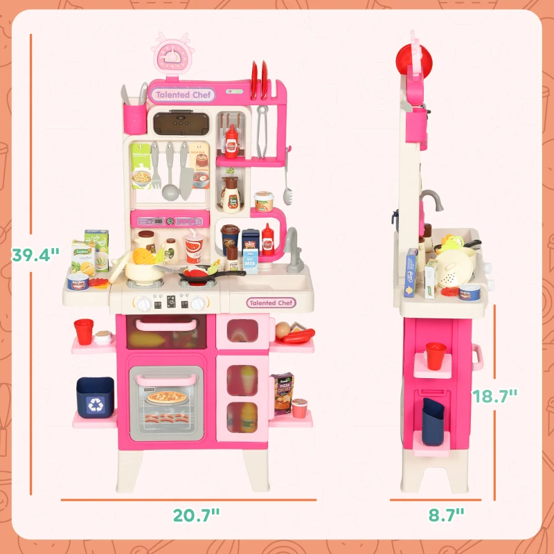 Qaba Pretend Play Kitchen Set with Realistic Lights & Sounds, 104PCS Toy Kitchen Accessories for Boys and Girls, Pink