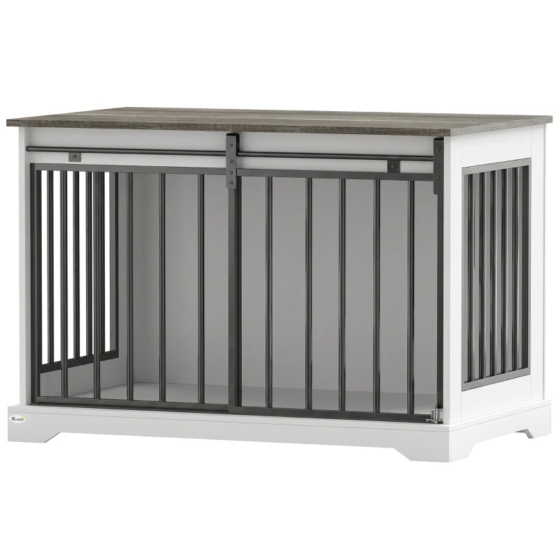 PawHut 100 cm Dog Crate Furniture with Sliding Barn Door for Large Breeds, White