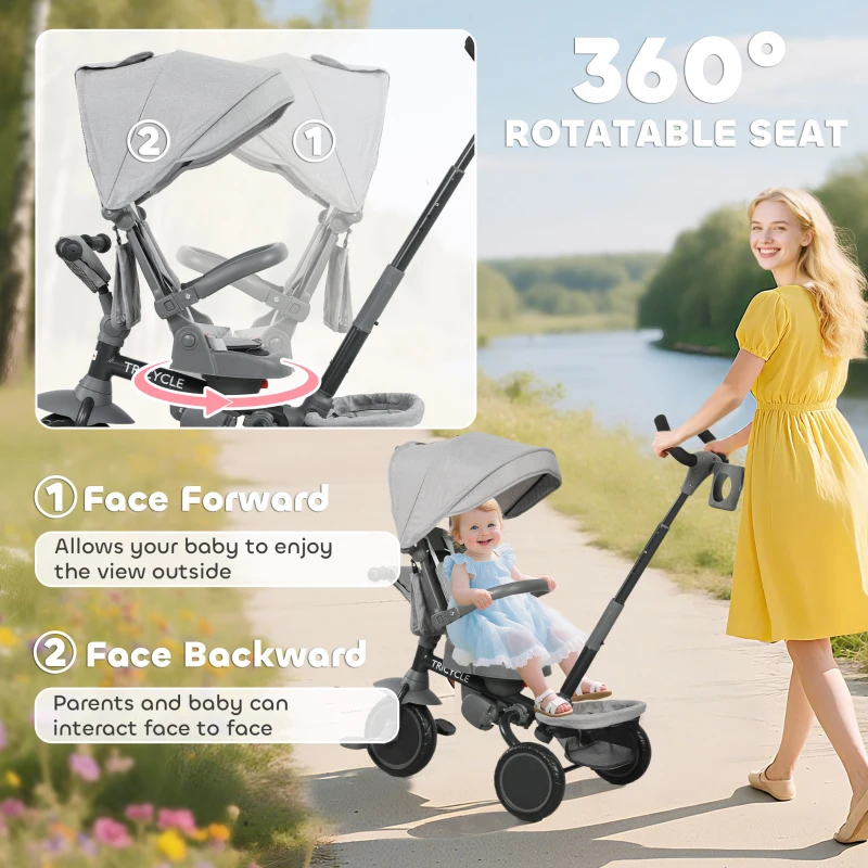 Qaba 6 in 1 Kids Tricycle with Adjustable Push Handle, Removable Canopy, Reversible Seat, for 1-5 Years, Gray