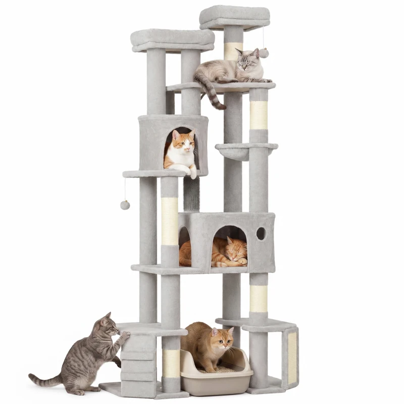 PawHut 79" Tall Cat Tree for Indoor Large Cats Adult with Split Baseboard, 2 Cat Condos, 2 Beds, 5 Sisal Scratching Posts