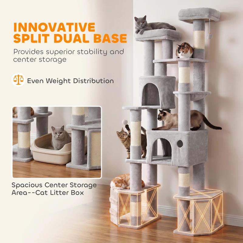 PawHut 79" Tall Cat Tree for Indoor Large Cats Adult with Split Baseboard, 2 Cat Condos, 2 Beds, 5 Sisal Scratching Posts