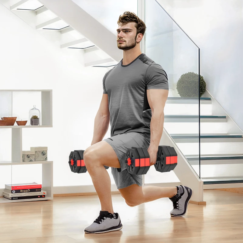 Soozier 6-in-1 Adjustable Dumbbell Set, Used as Kettlebell, Barbell, Dumbbell, Push-Up Stand, 55lbs Free Weights Set, Red