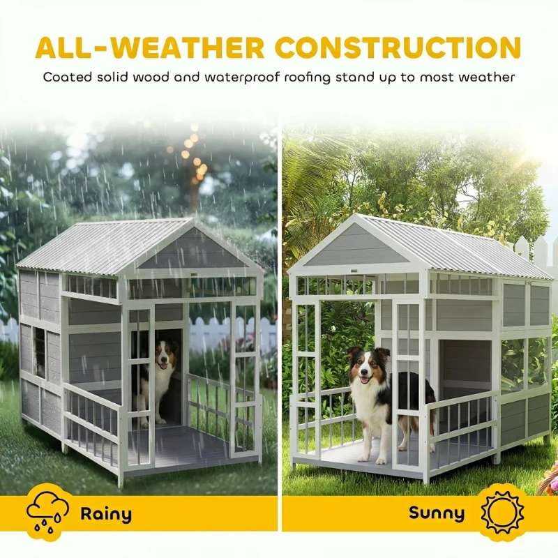 PawHut 79"L Large Dog House Outdoor, Wooden Dog Kennel with Porch, Storage Cabinet,Weatherproof Roof, Windows