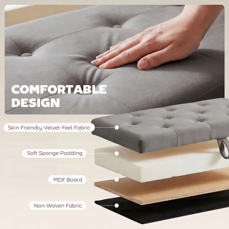 HOMCOM Storage Ottoman, Upholstered Velvet End of Bed Bench, Button Tufted Storage Bench for Bedroom, Living Room, Grey
