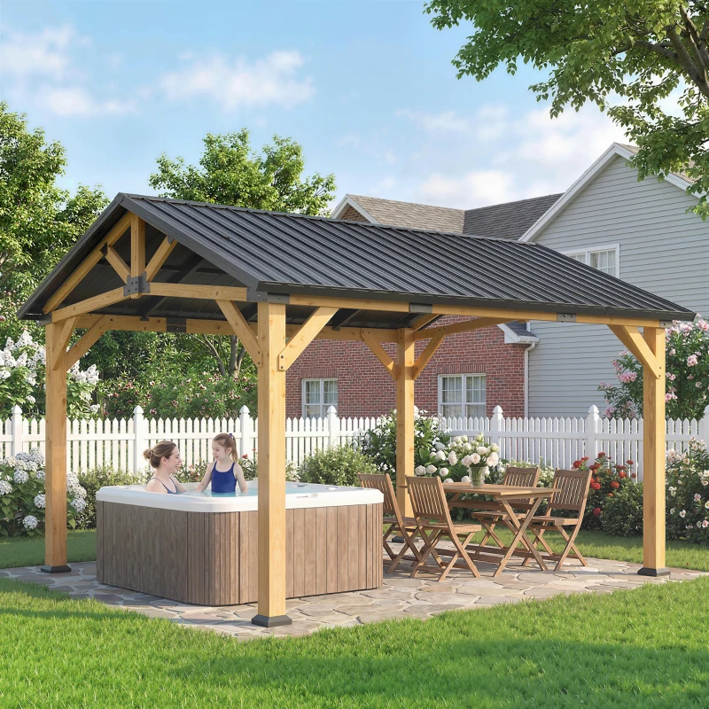 Outsunny 13' x 11' Hardtop Gazebo Canopy with Galvanised Metal Roof, Fir Wood Frame and Central Hook for Patio, Black Gray
