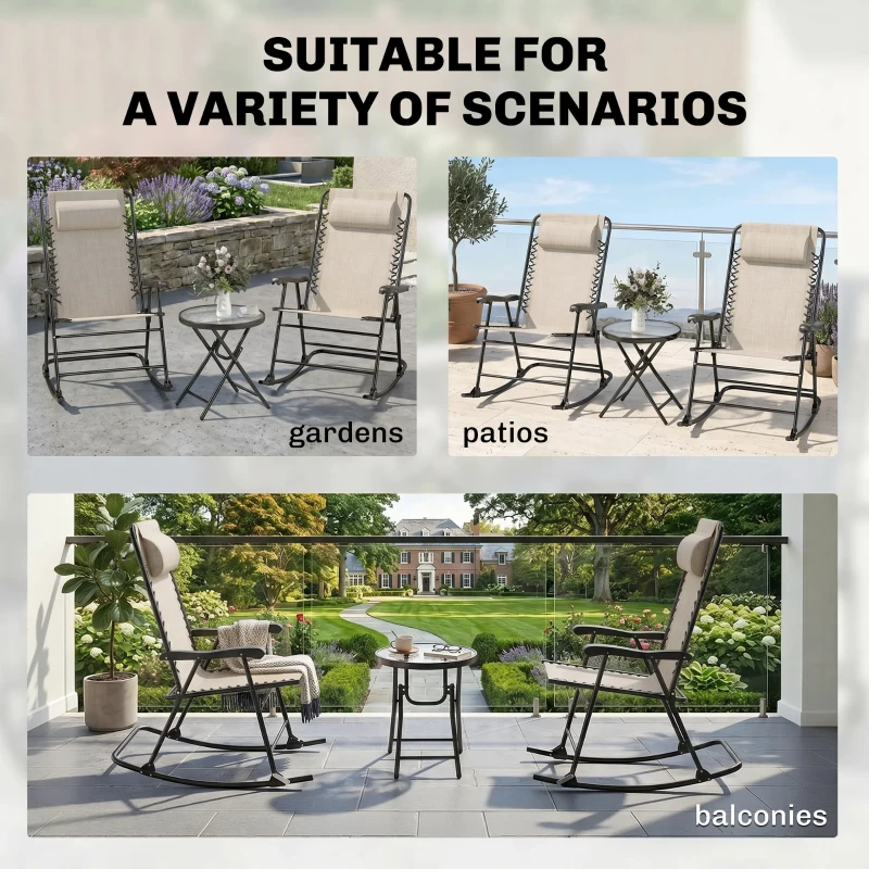Outsunny 3pc Patio Rocking Chair Set, Folding Outdoor Rocking Chairs and Table Bistro Set w/ Breathable Mesh Seat & Backrest, Headrest for Park, Backyard, Garden, Cream White