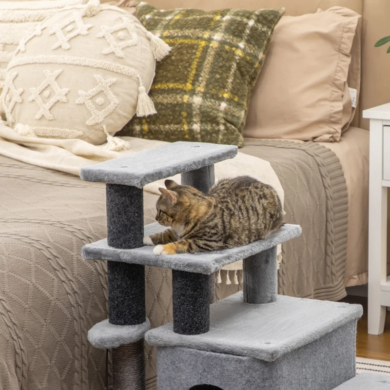 PawHut Adjustable Height 3 Step/4 Step Cat Stairs w/ Sisal Cat Scratching Post, Cat Condo, Toy Ball, for Bed, Sofa, Couch, Gray