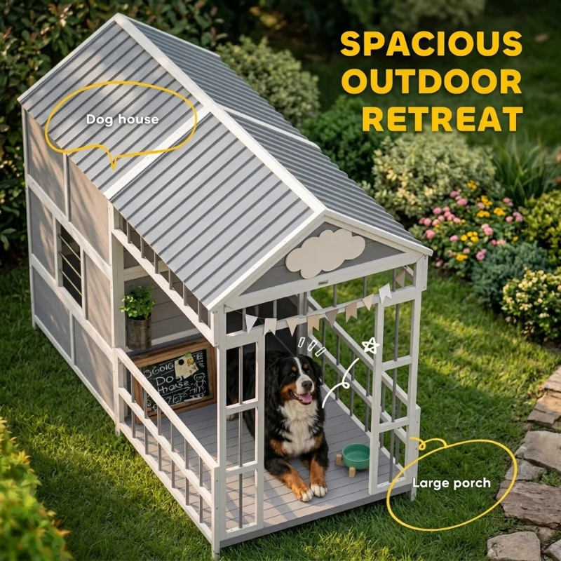 PawHut 79"L Large Dog House Outdoor, Wooden Dog Kennel with Porch, Storage Cabinet,Weatherproof Roof, Windows