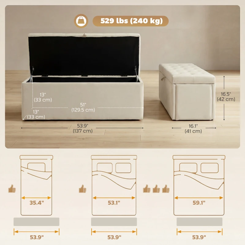 HOMCOM Storage Ottoman, Upholstered Velvet End of Bed Bench, Button Tufted Storage Bench for Bedroom, Living Room, Beige