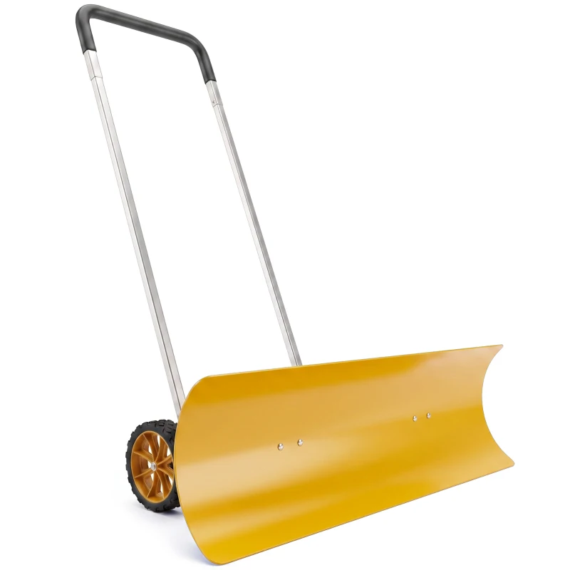 Outsunny 37-Inch Extra Wide Snow Shovel with Wheels, Heavy Duty Aluminum Snow Pusher with Ergonomic Adjustable Handle, Yellow