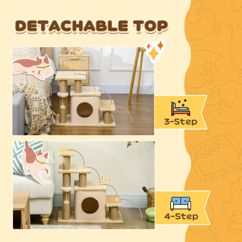 PawHut Adjustable Height 3 Step/4 Step Cat Stairs w/ Jute Cat Scratching Post, Cat Condo, Toy Ball, for Bed, Sofa, Couch, Beige
